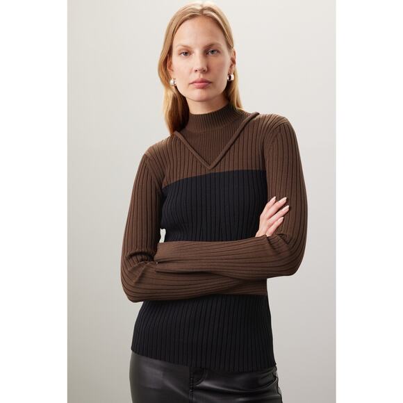 Marina Moscone Small s Brown Black Two-Tone Colorblock Mock Neck Ribbed Sweater - Picture 1 of 4